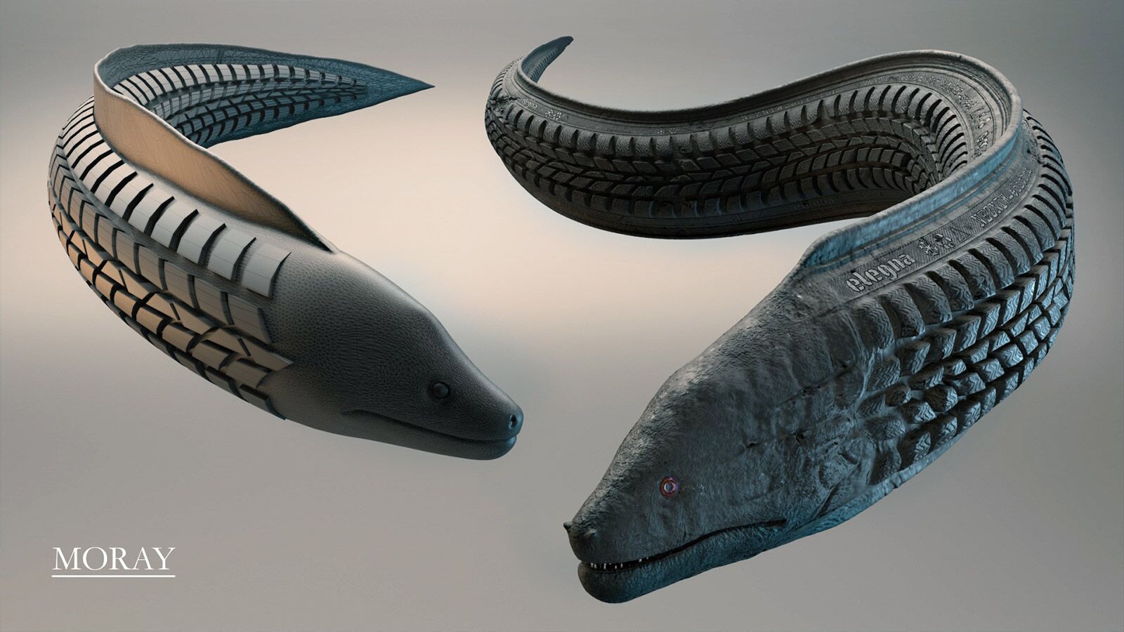 3D model of a moray made from car tyres