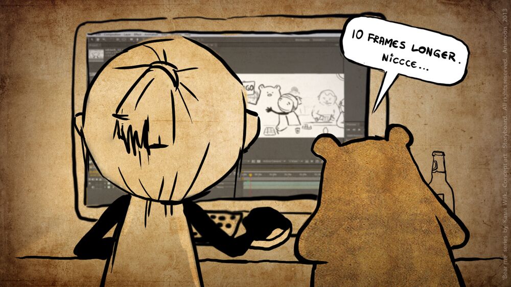 The Bear helps with Animation in front of a computer.