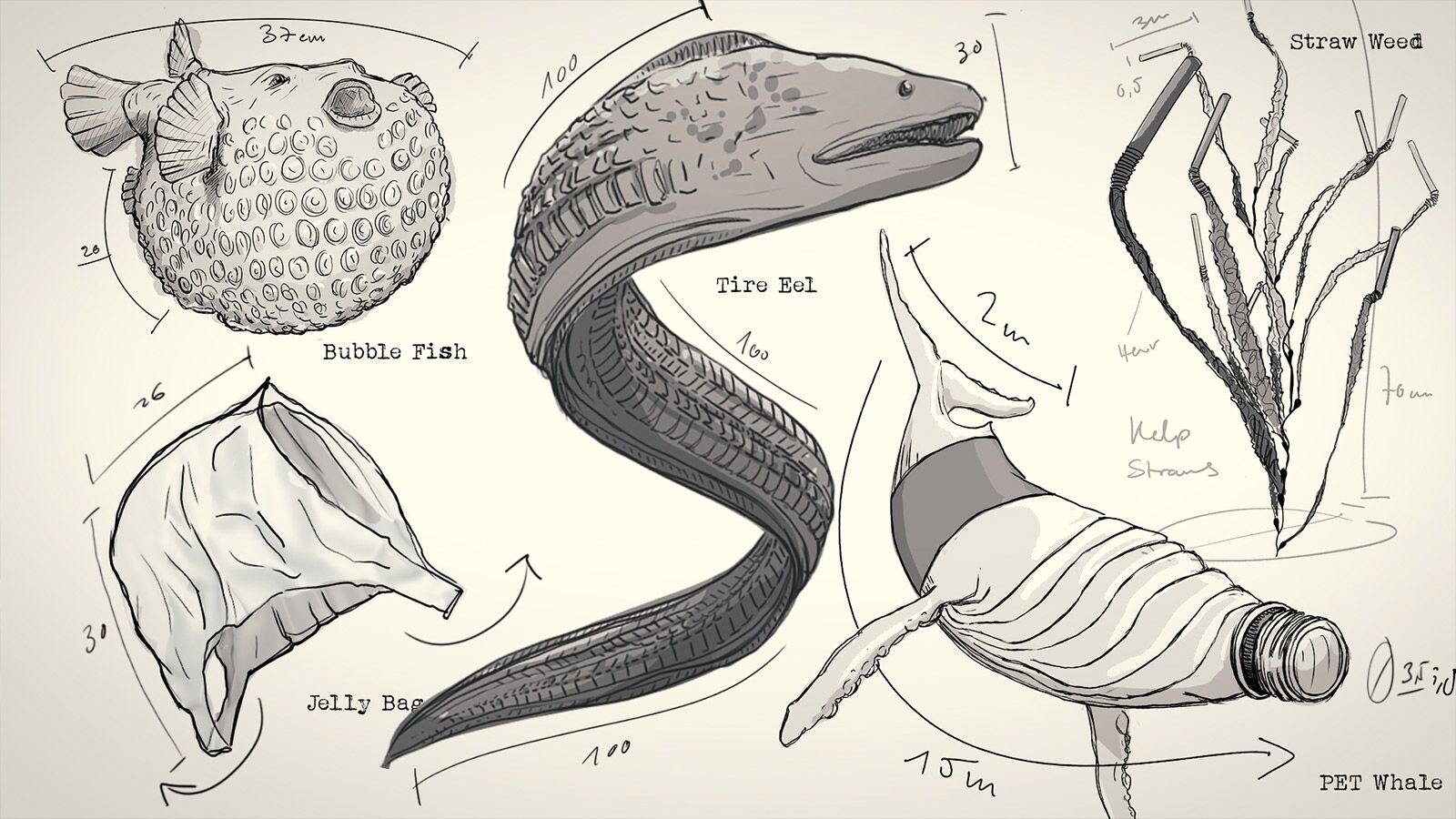 Character Design der Unterwassertiere von The Beauty (z.B. eine Moräne, ein Wal und ein Kugelfisch)