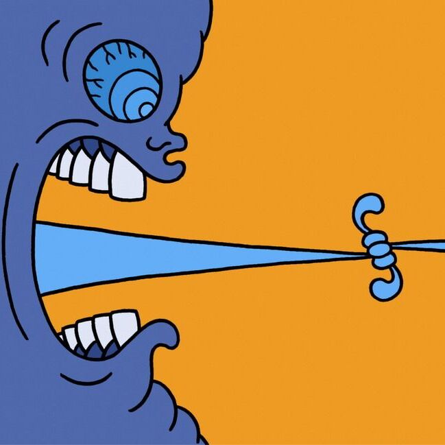 Zwei Gesichter, deren Zungen sich verknoten