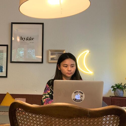 Jiayan Chen zu Hause bei der Arbeit an einem Tisch mit Laptop